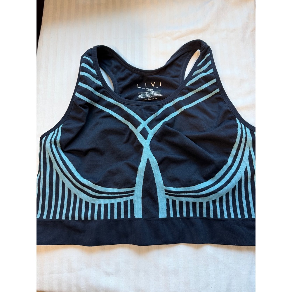 LIVI Lane Bryant Sport Bra 26/28 Black Blue Geometric Seamless Racerback Keyhole
